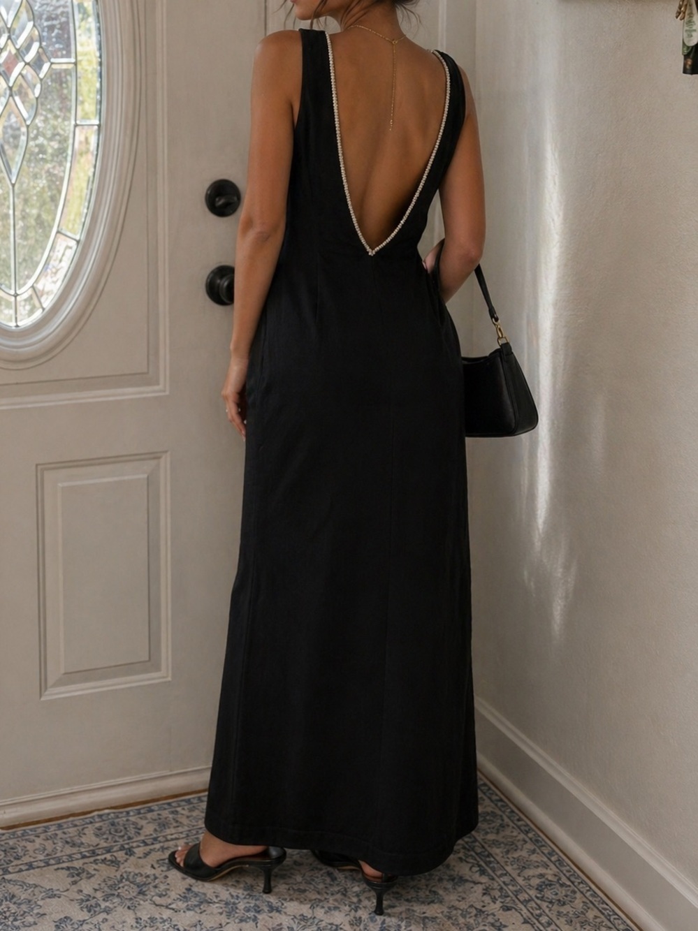 Handmade Black Long Dress Pearl Trim Open Back Elegant Evening Gown